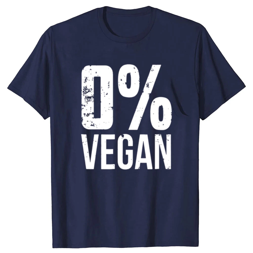 Navy blue t-shirt with '0% Vegan' text in white on a white background