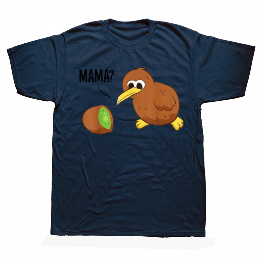 Navy blue t-shirt with a kiwi bird graphic and 'MAMA?' text on a white background