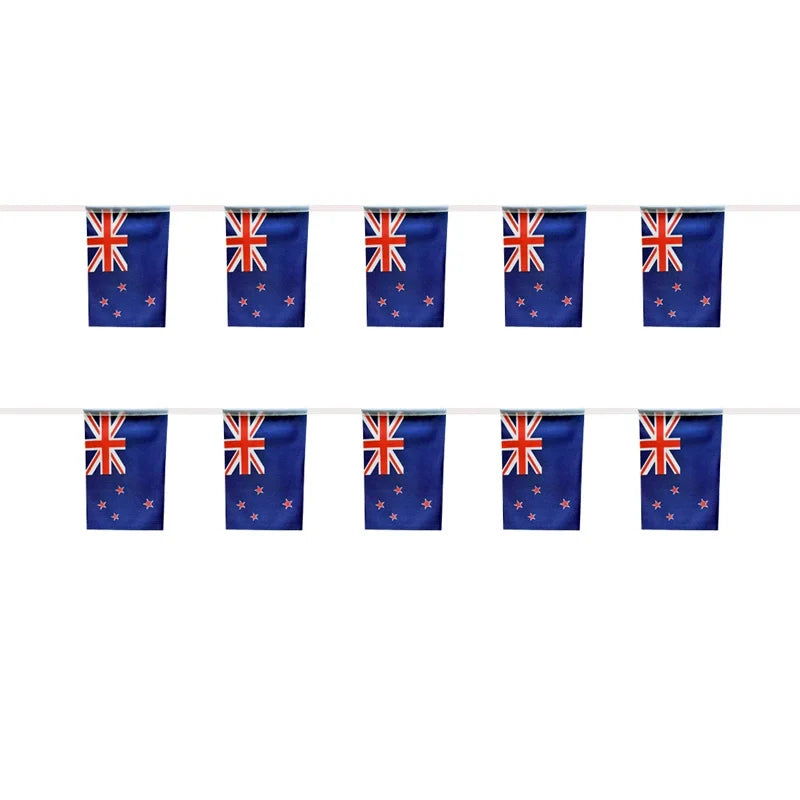 String of New Zealand flags on a white background