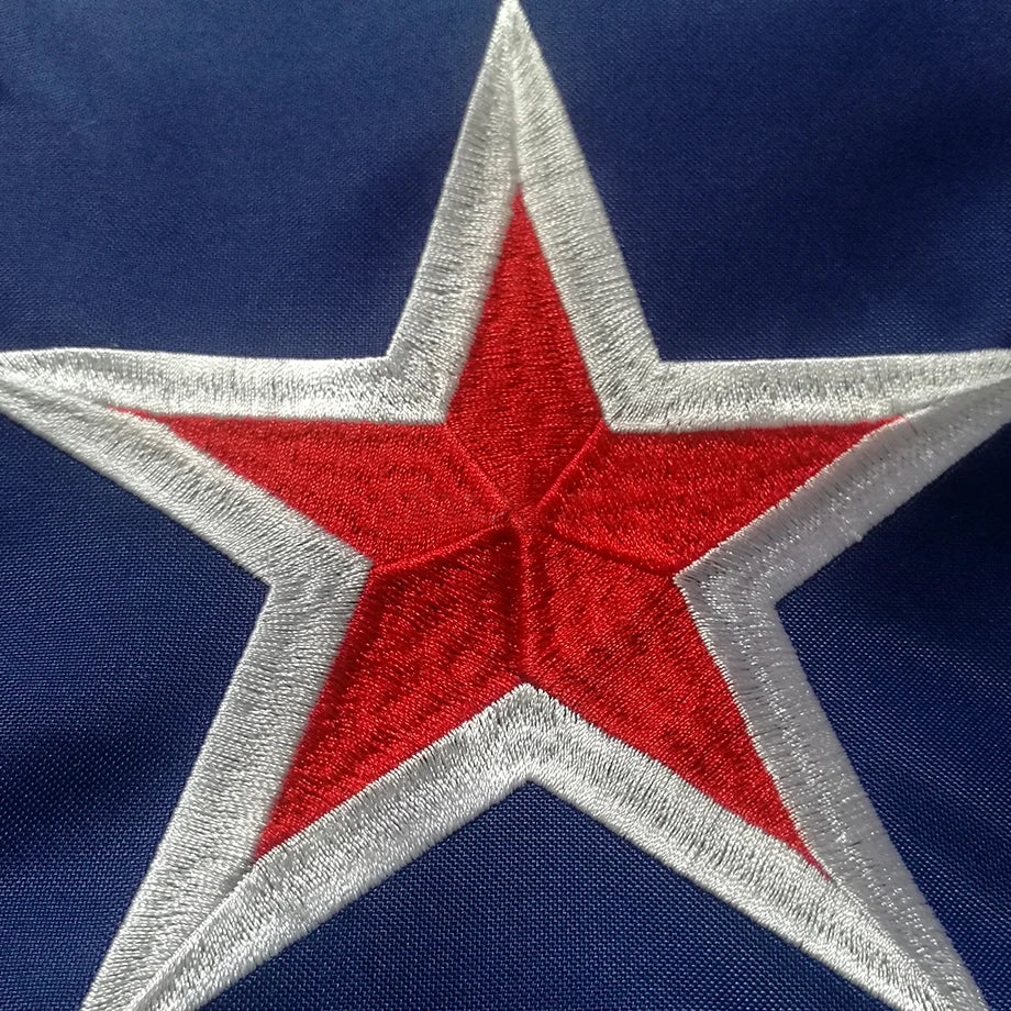 Close-up of a New Zealand Flag red star with silver border on a blue background