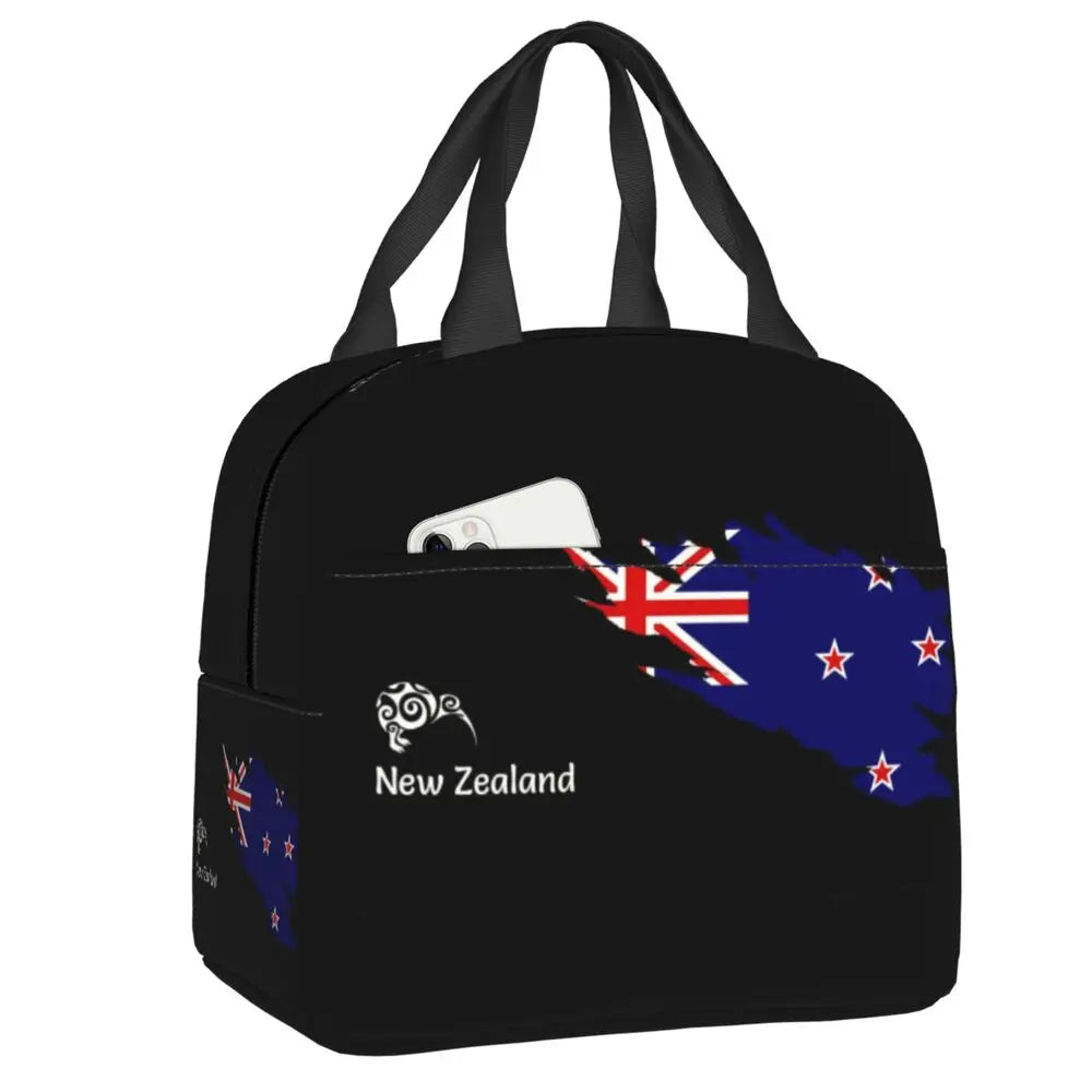 Black lunch bag with New Zealand flag design on a white background