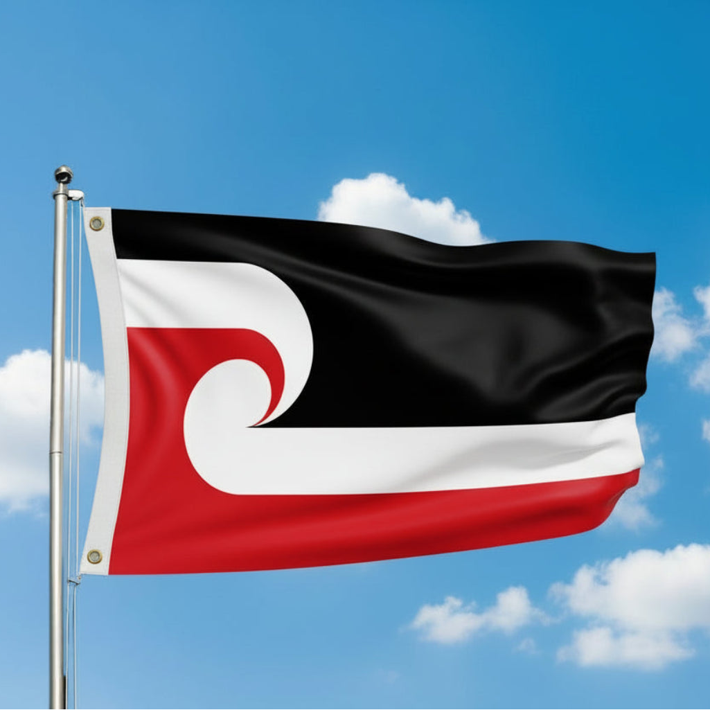 Flag with black, white, and red design against a blue sky