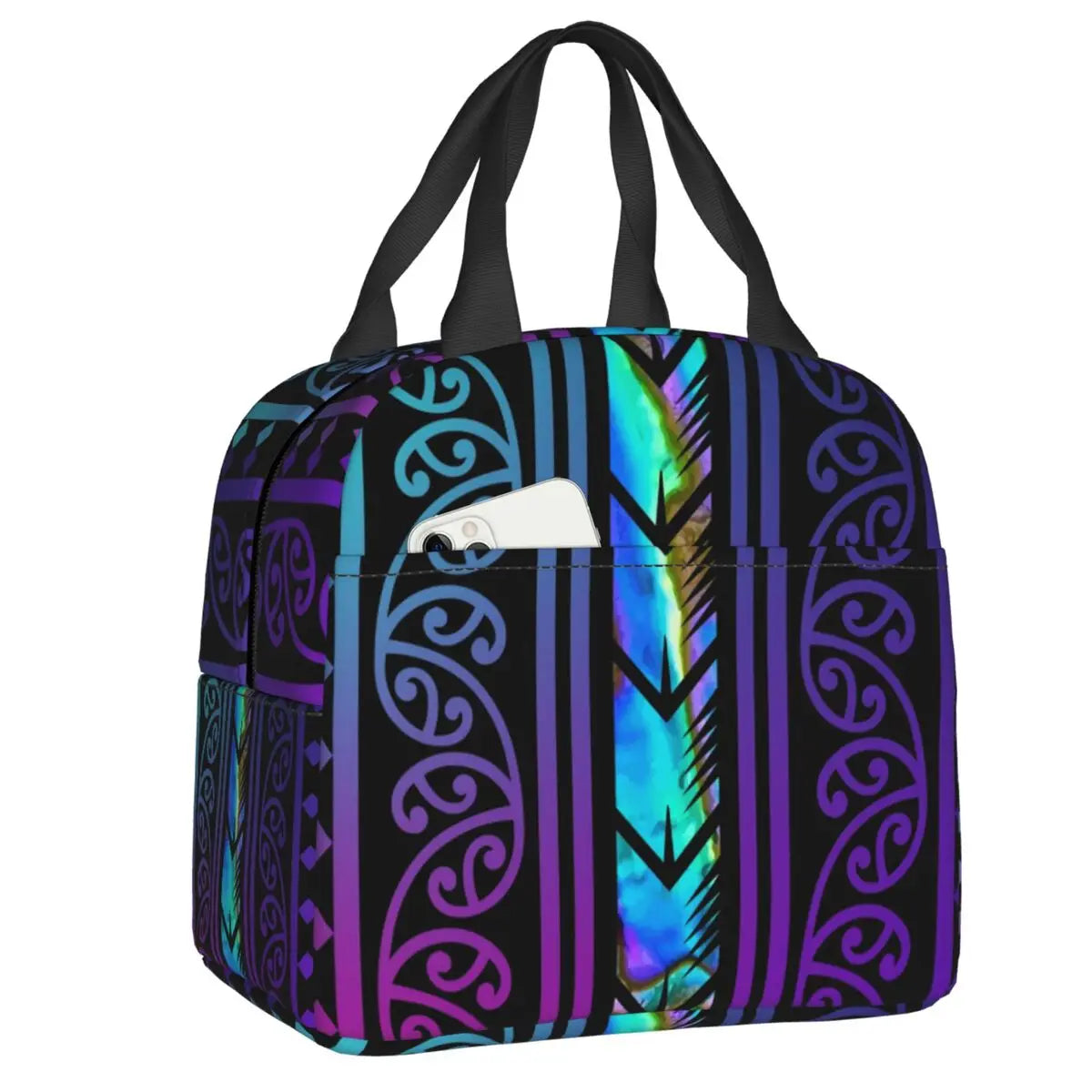 Multi-coloured patterned insulated Lunch bag with a phone case on a white background