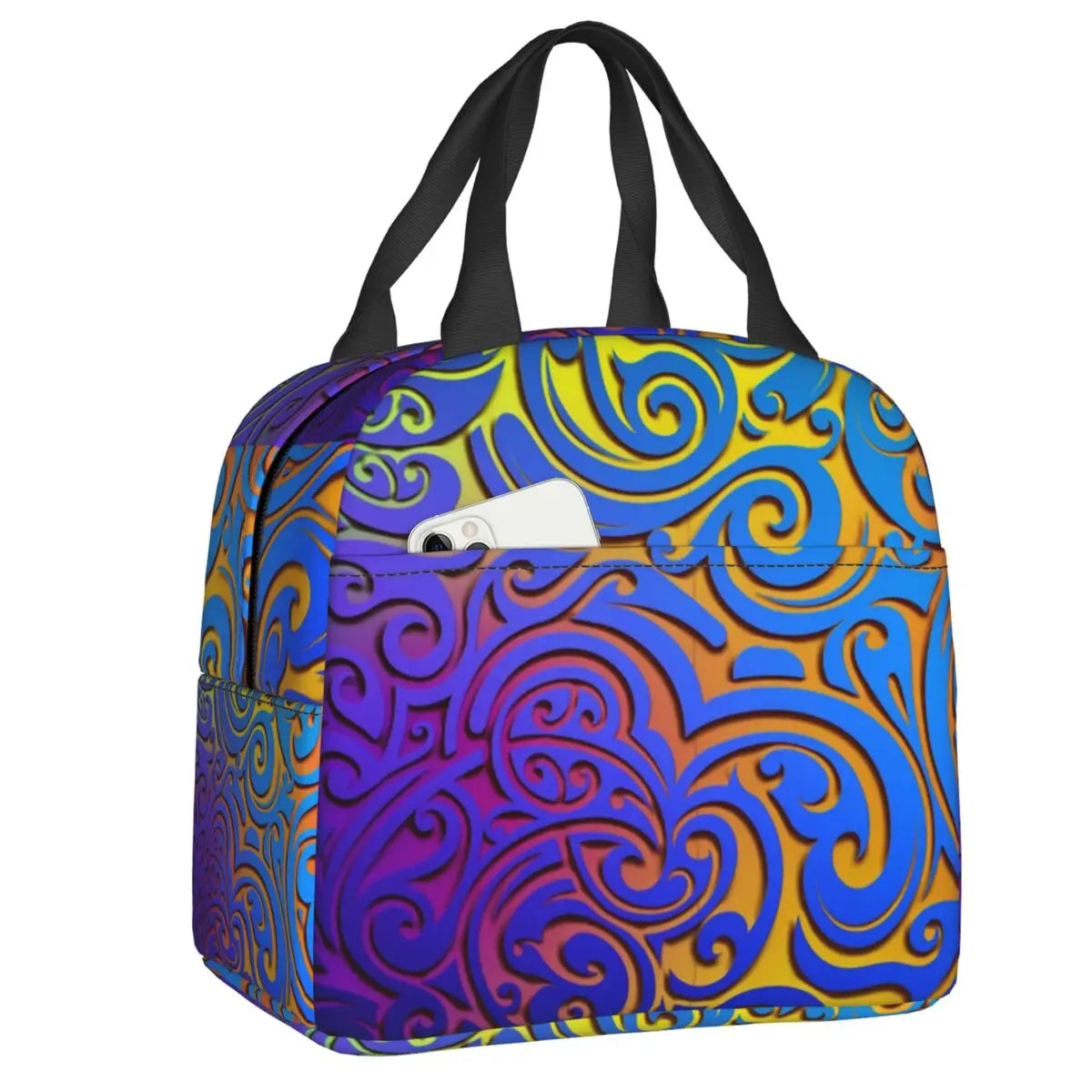 Colourful patterned insulated Lunch bag with a black handle on a white background