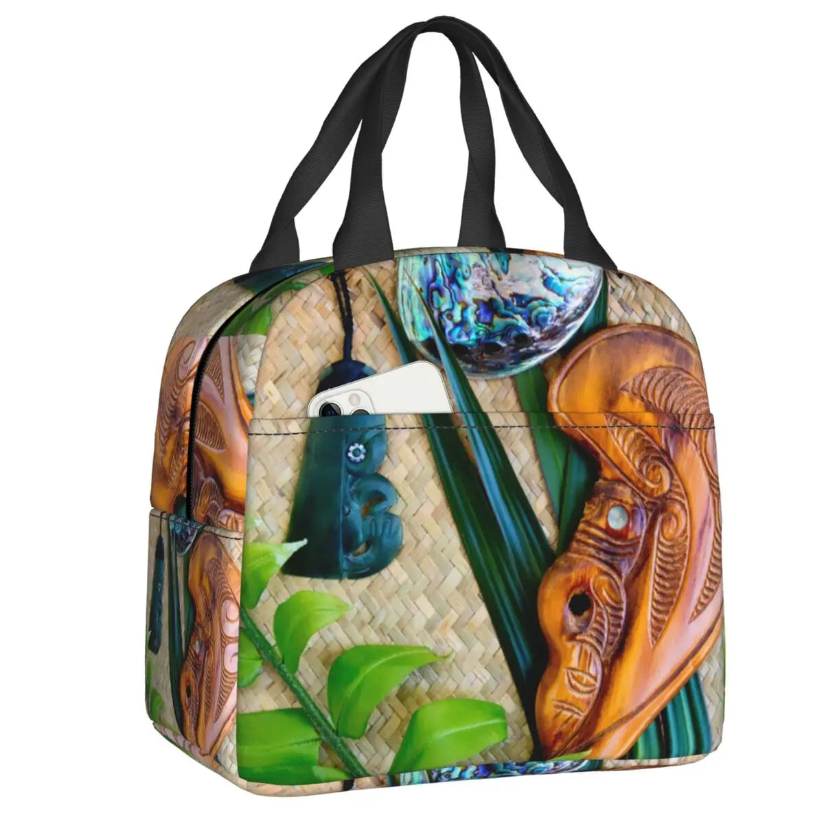 Colourful insulated Lunch bag with artistic design featuring masks and nature elements on a white background