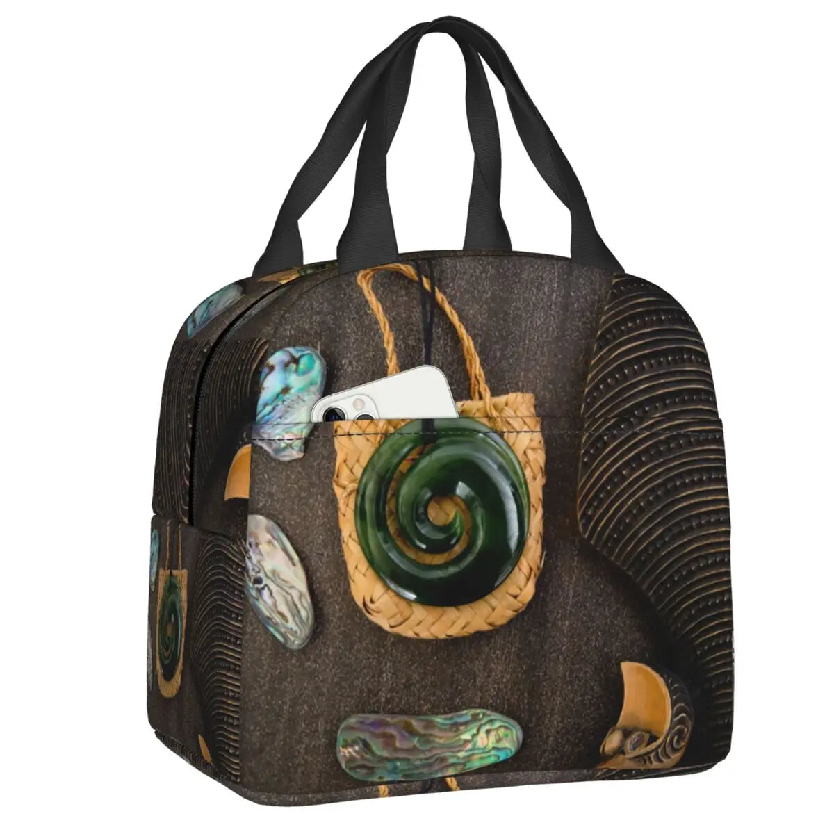 Decorative insulated Lunch bag with shell and spiral design on a white background