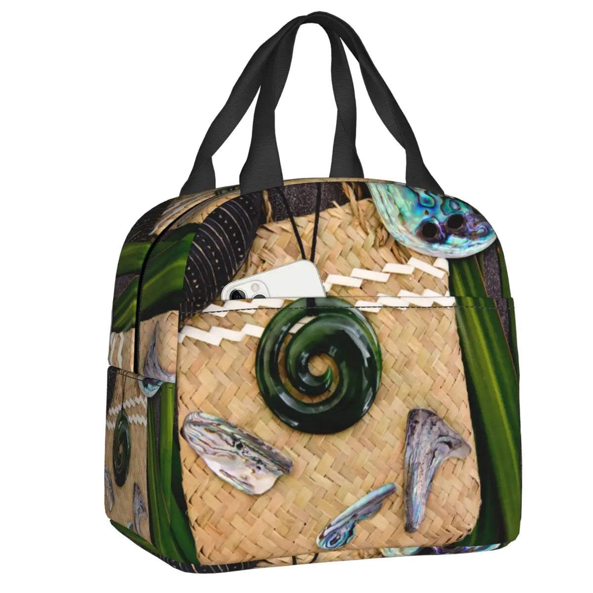 insulated Lunch bag with woven design and sea-themed decorations on a white background