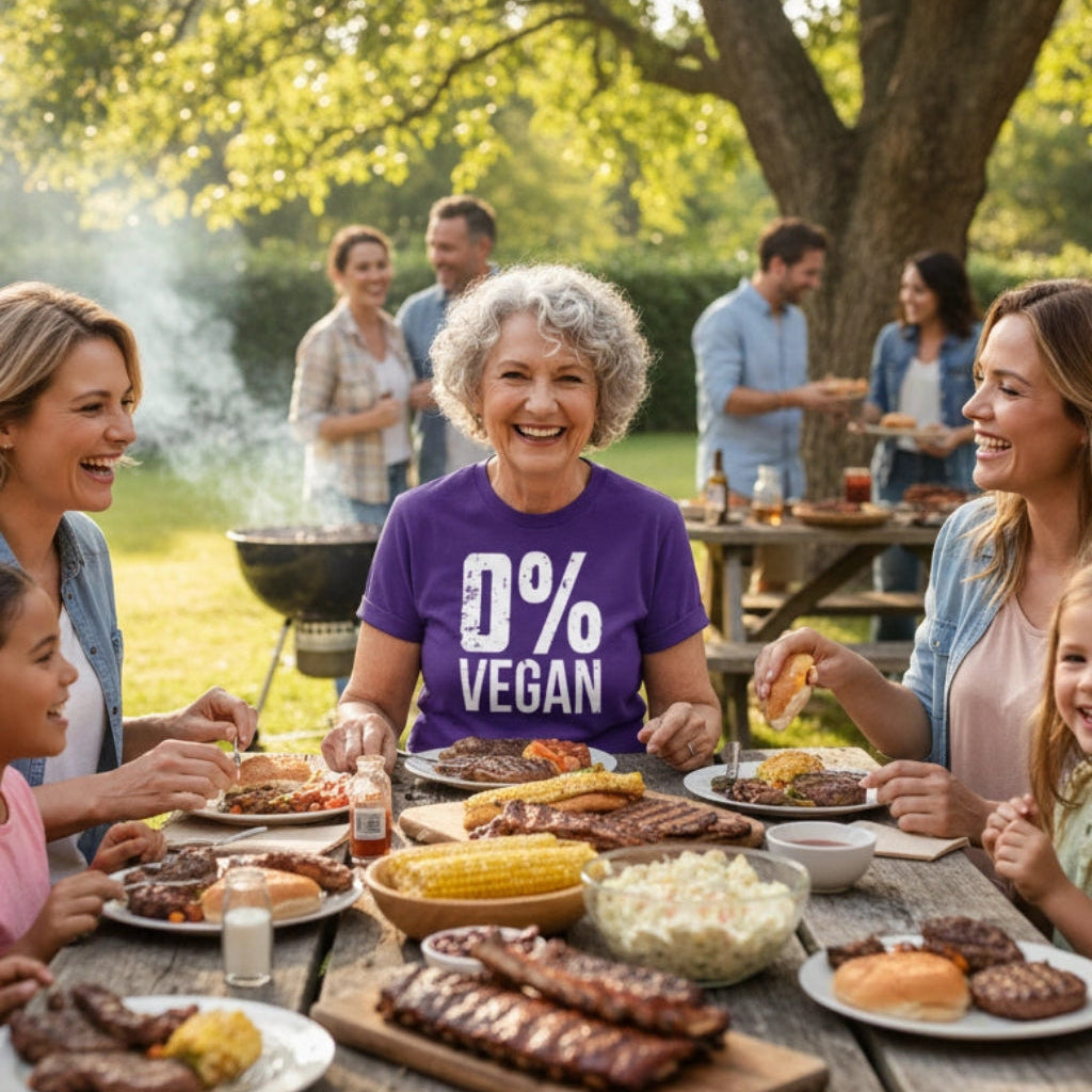 Group of people enjoying a barbecue outdoors with a person wearing a '100% Vegan' shirt.