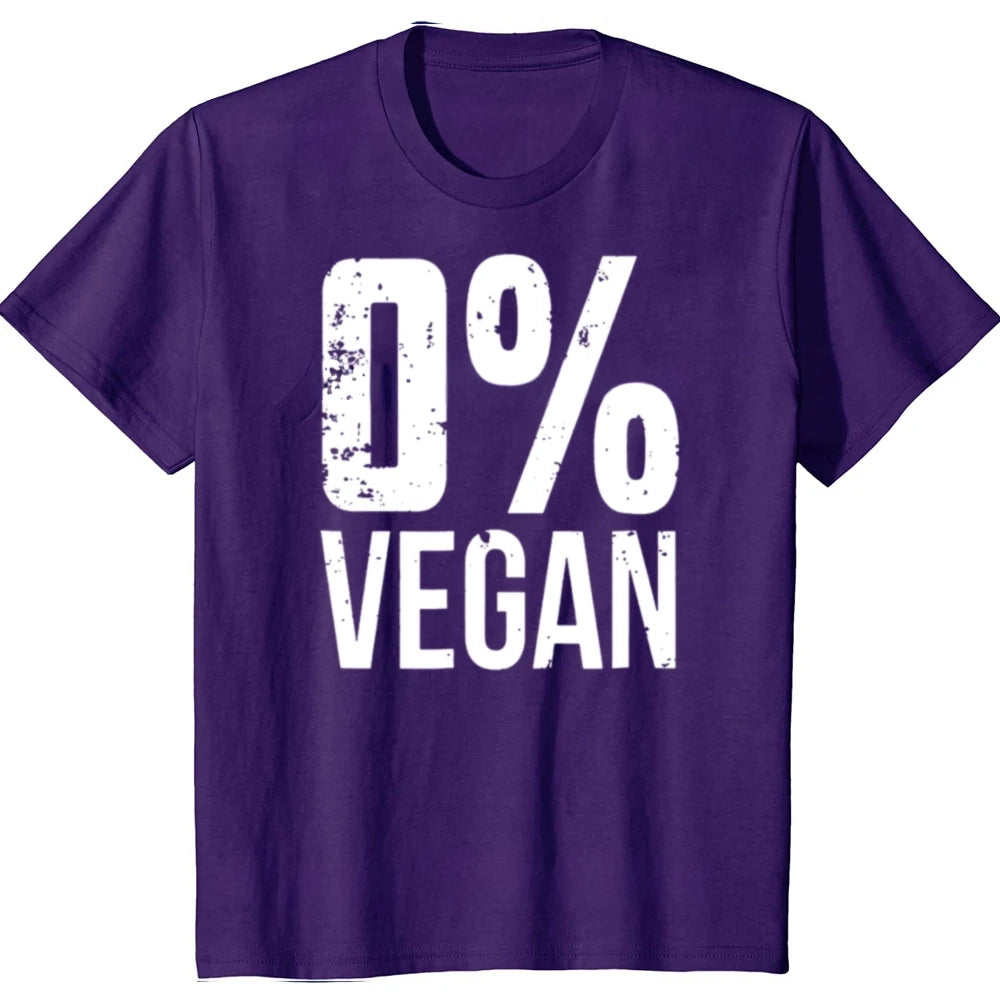 Purple t-shirt with '0% Vegan' text on a white background