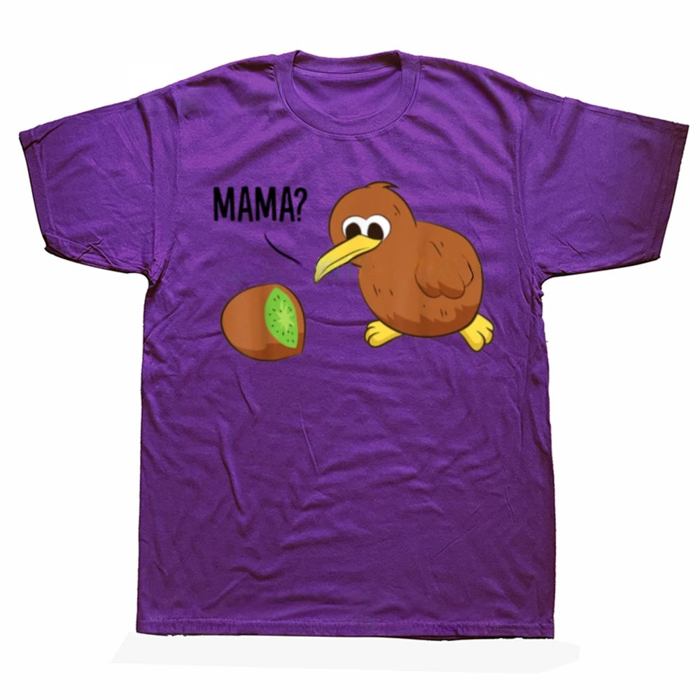 Purple t-shirt with a kiwi bird graphic and 'MAMA?' text on a white background