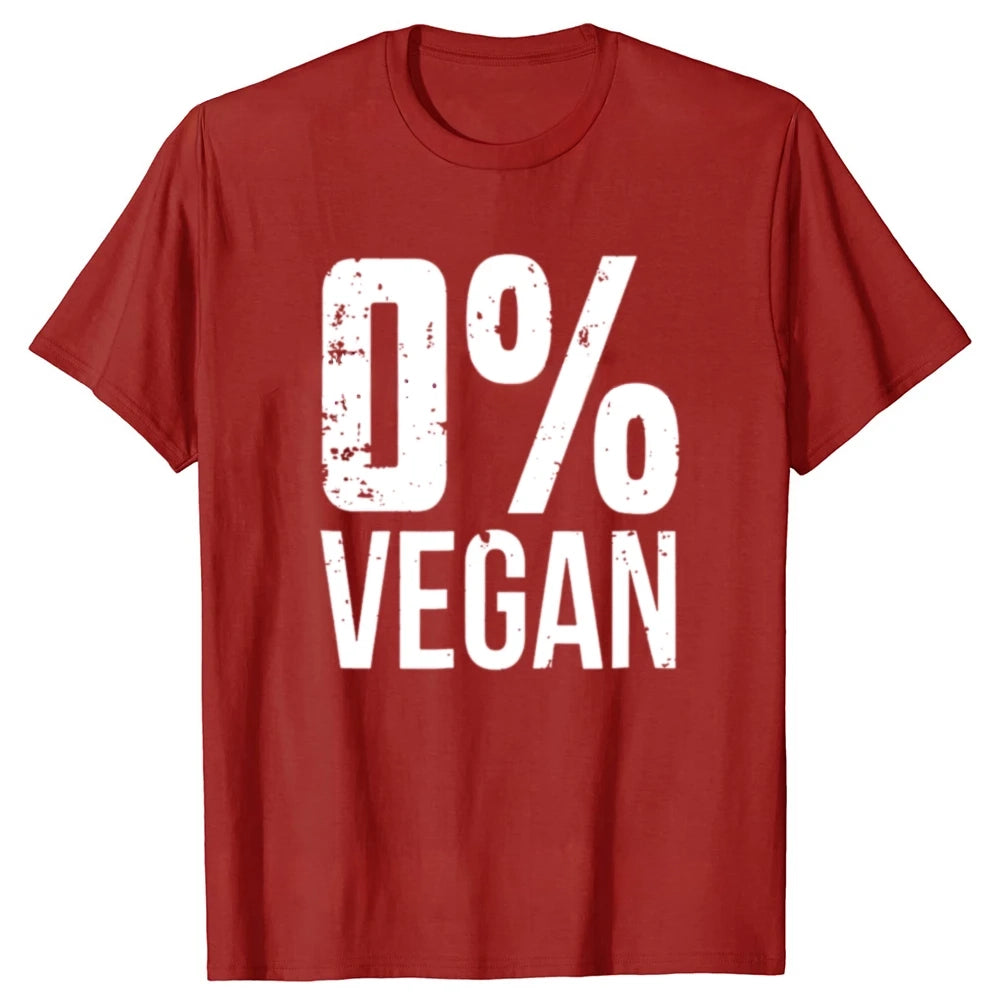 Red t-shirt with '0% Vegan' text on a white background