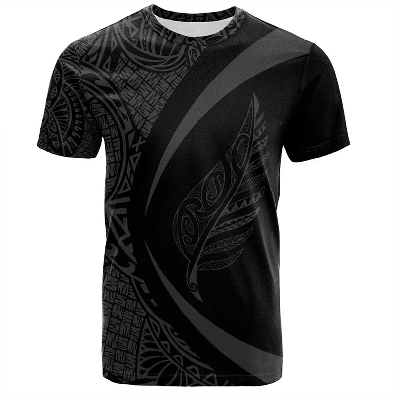 Black t-shirt with tribal patterns on a white background