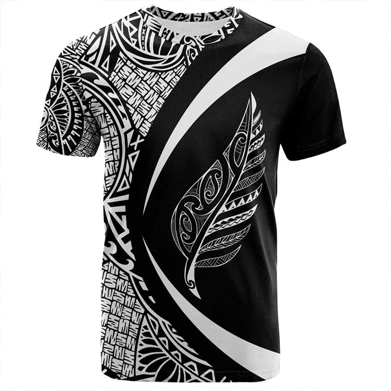 Black t-shirt with white tribal patterns on a white background