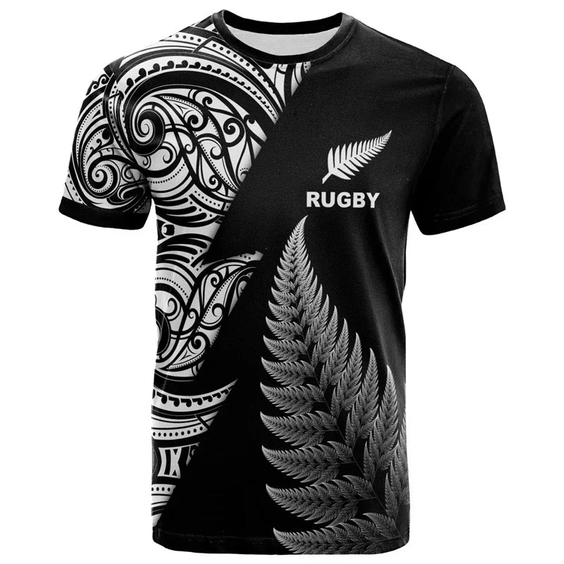 Black rugby jersey with white patterns and text on a white background