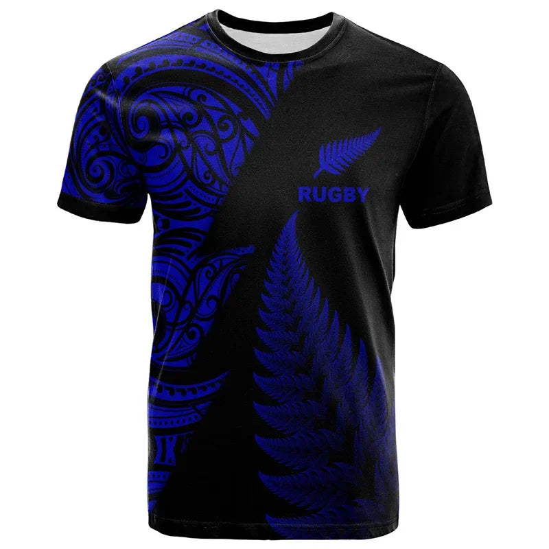 Black t-shirt with blue rugby design on a white background