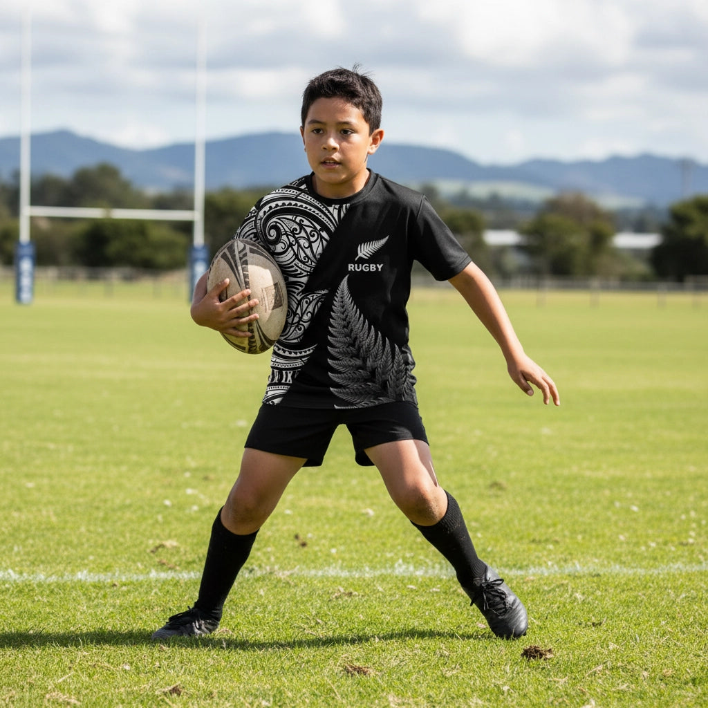 Child holding a rugby ball on a grass field with mountains in the background