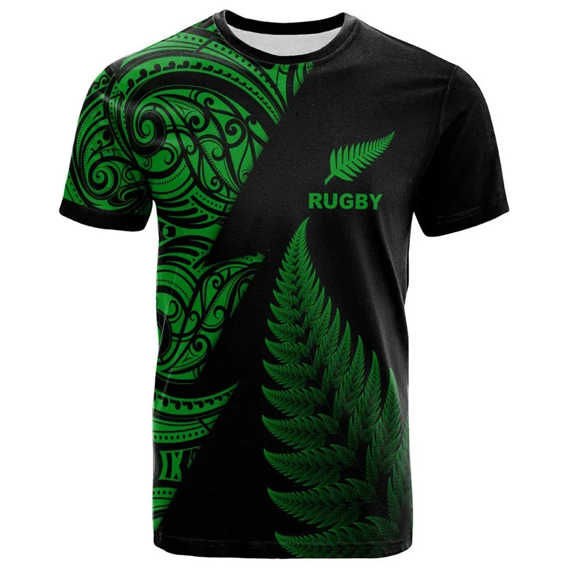 Black and green rugby jersey with leaf design and 'Rugby' text on a white background