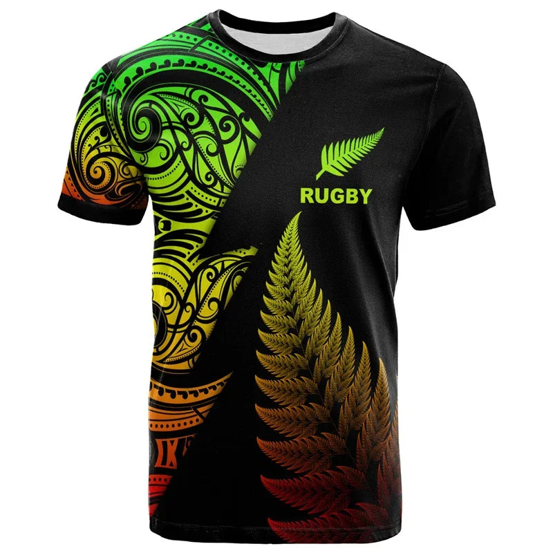 Black t-shirt with colorful rugby design and text on a white background