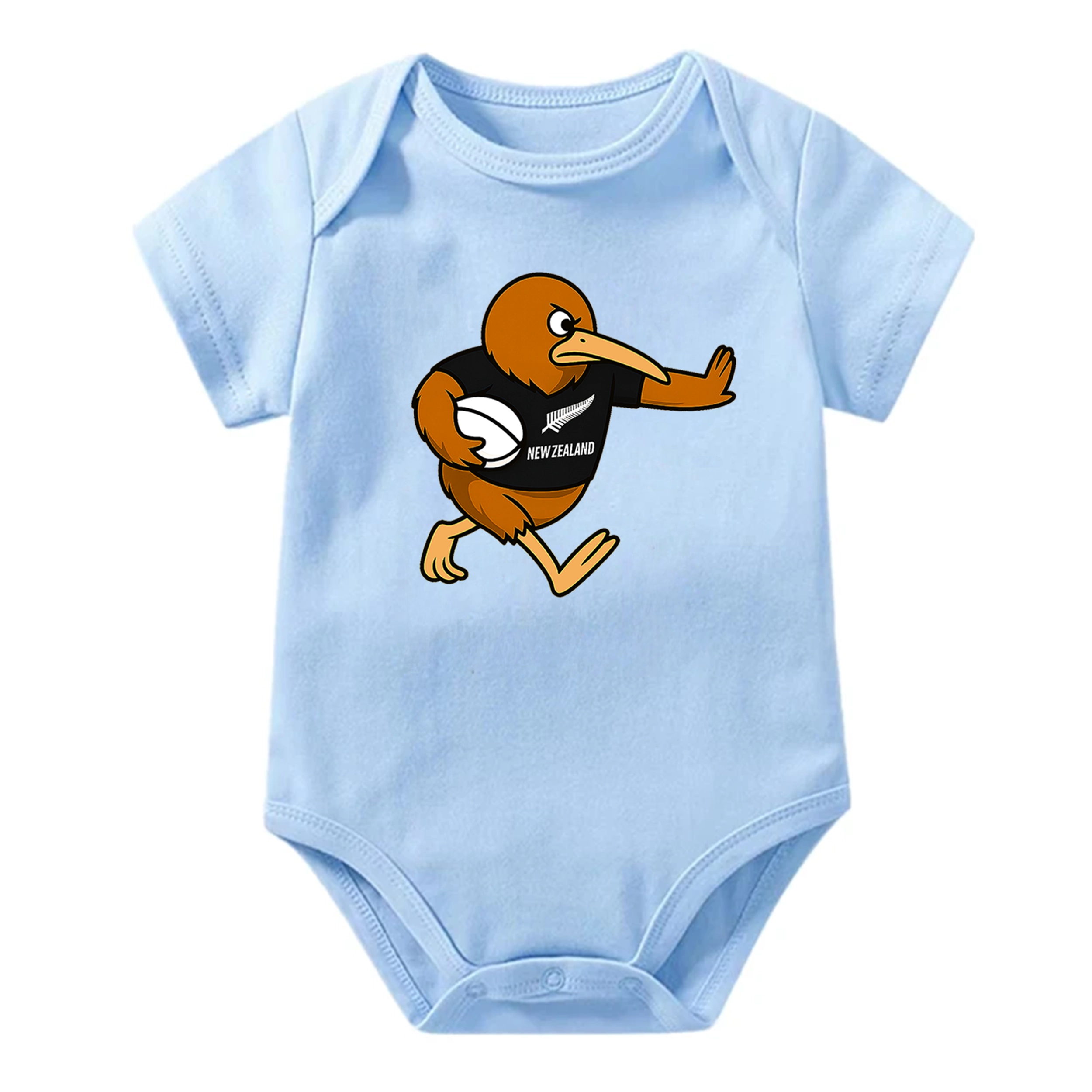 Light blue baby onesie with a cartoon kiwi bird design on a white background