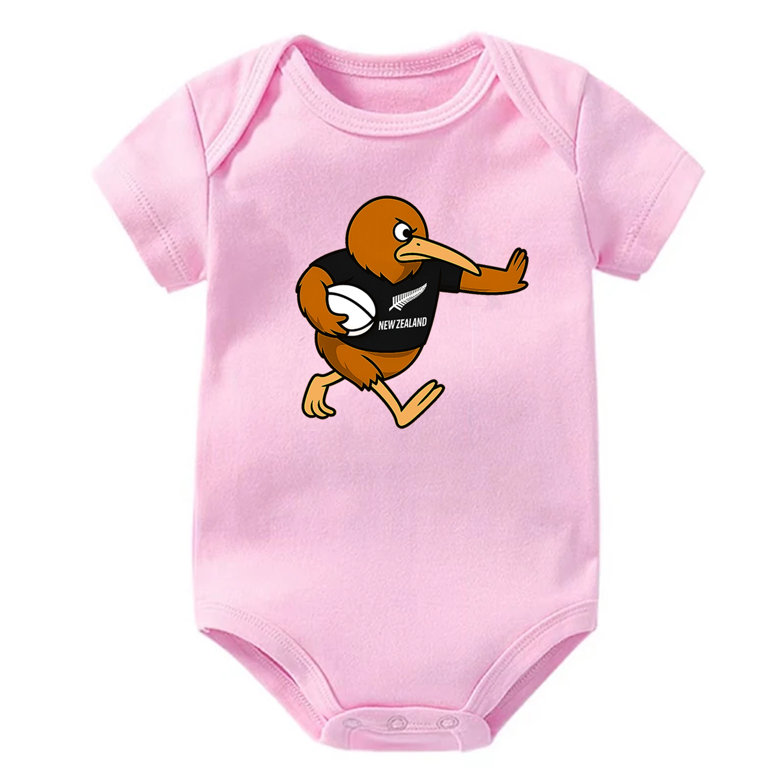 Pink baby onesie with a cartoon kiwi bird design on a white background