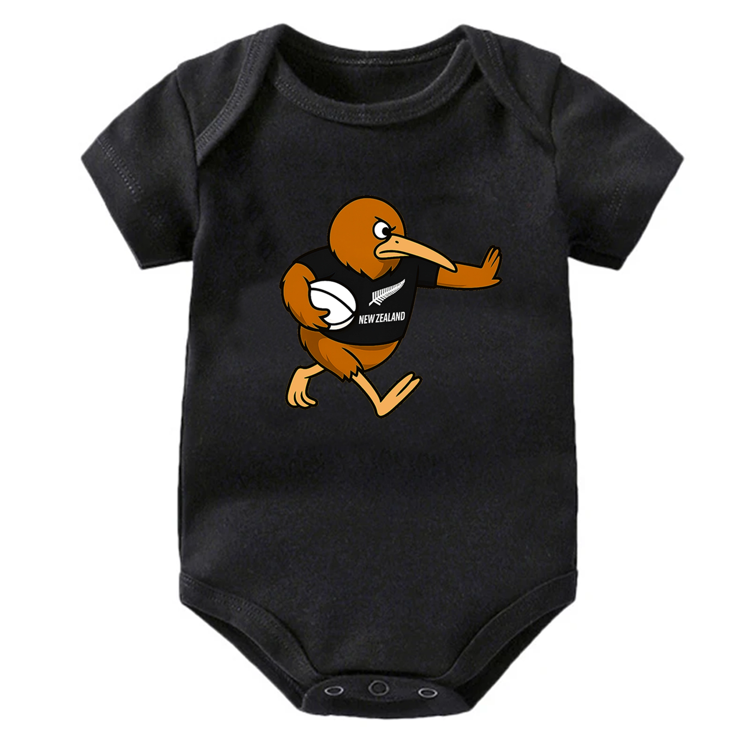 Baby onesie Black with a Rugby kiwi bird design on a white background
