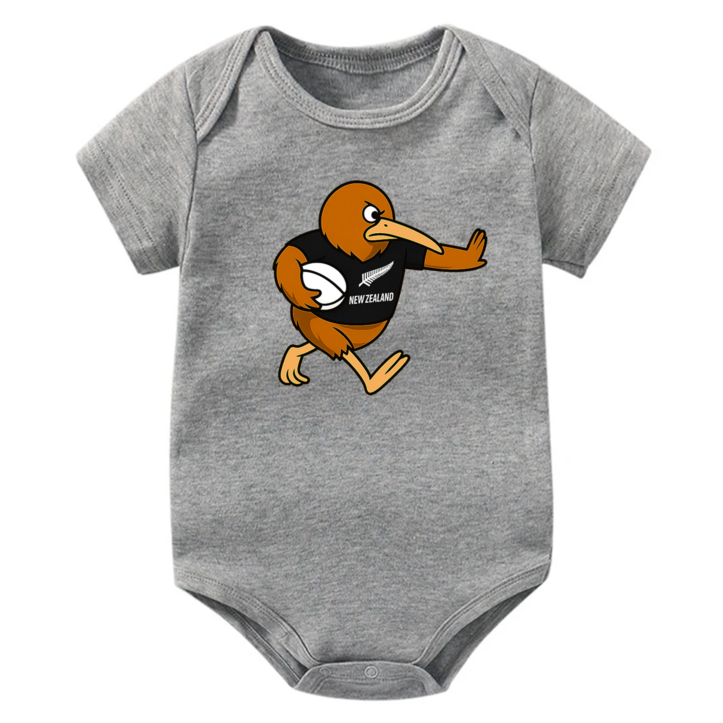 Gray baby onesie with a cartoon kiwi bird design on a white background