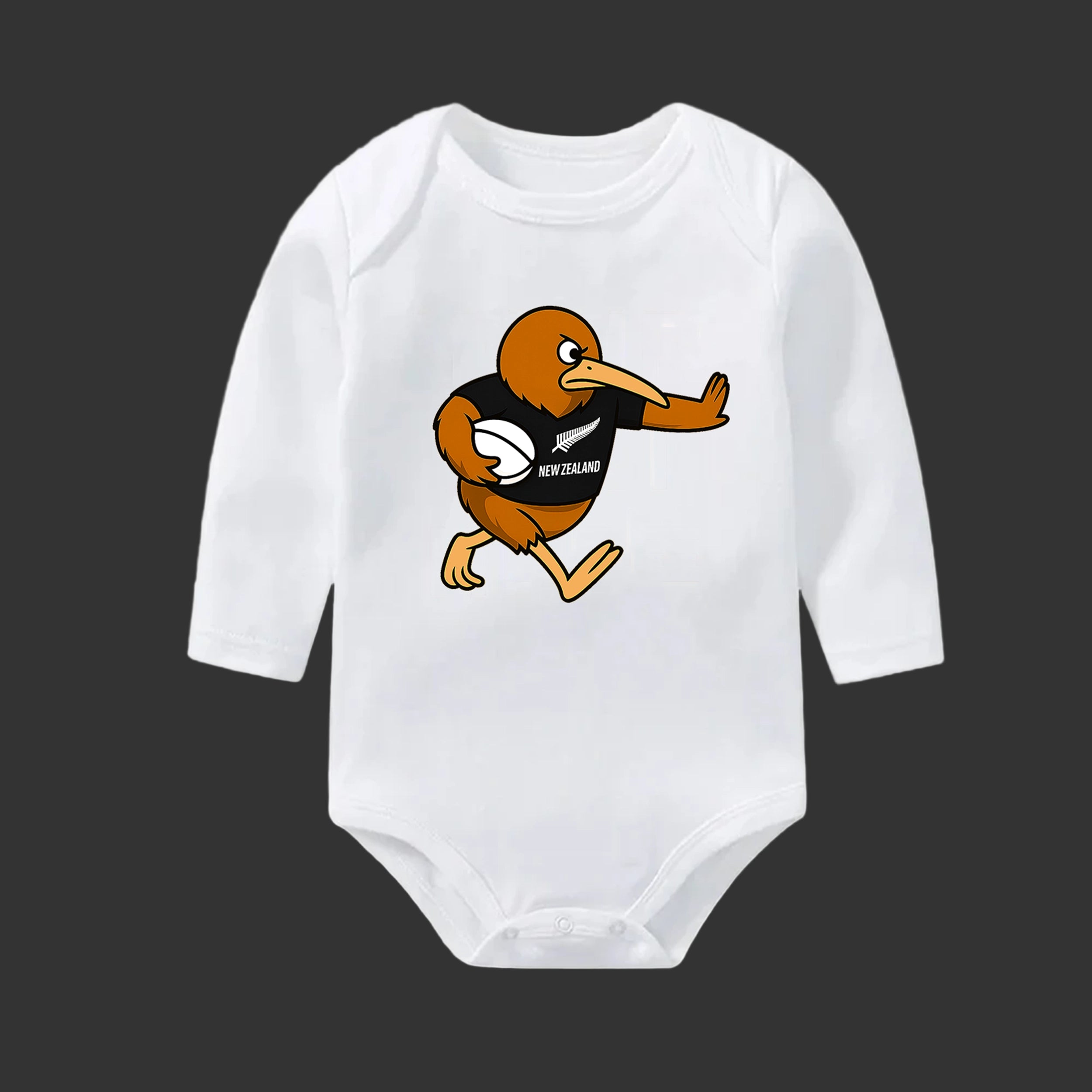 White baby onesie with a cartoon kiwi bird design on a white background