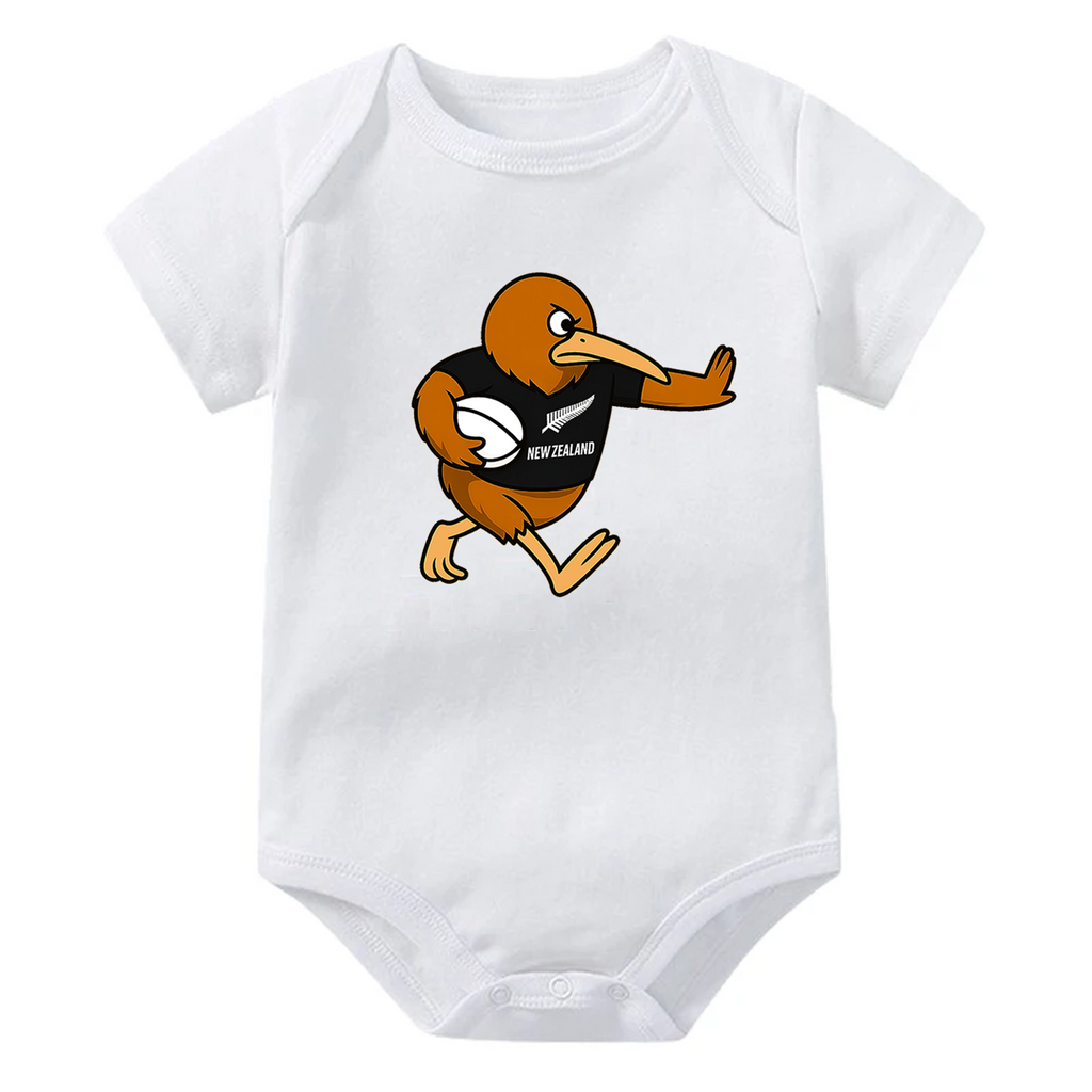 White baby onesie with a cartoon Rugby kiwi design on a white background