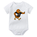 White baby onesie with a cartoon Rugby kiwi design on a white background