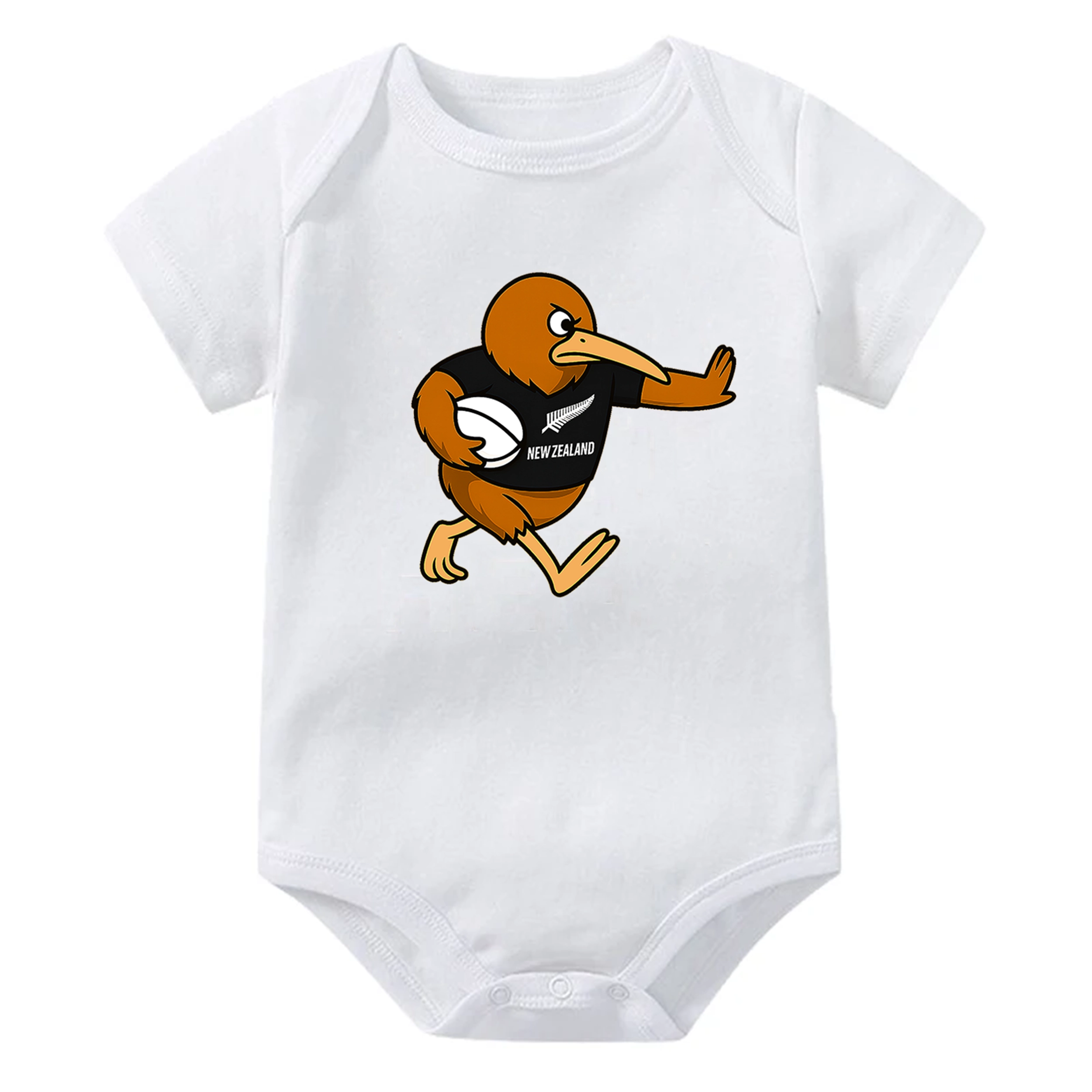 White baby onesie with a cartoon Rugby kiwi design on a white background