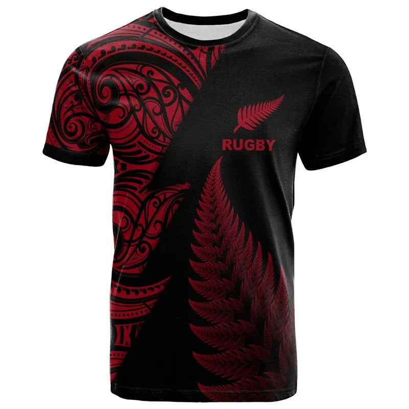 Black t-shirt with red rugby design and text on a white background