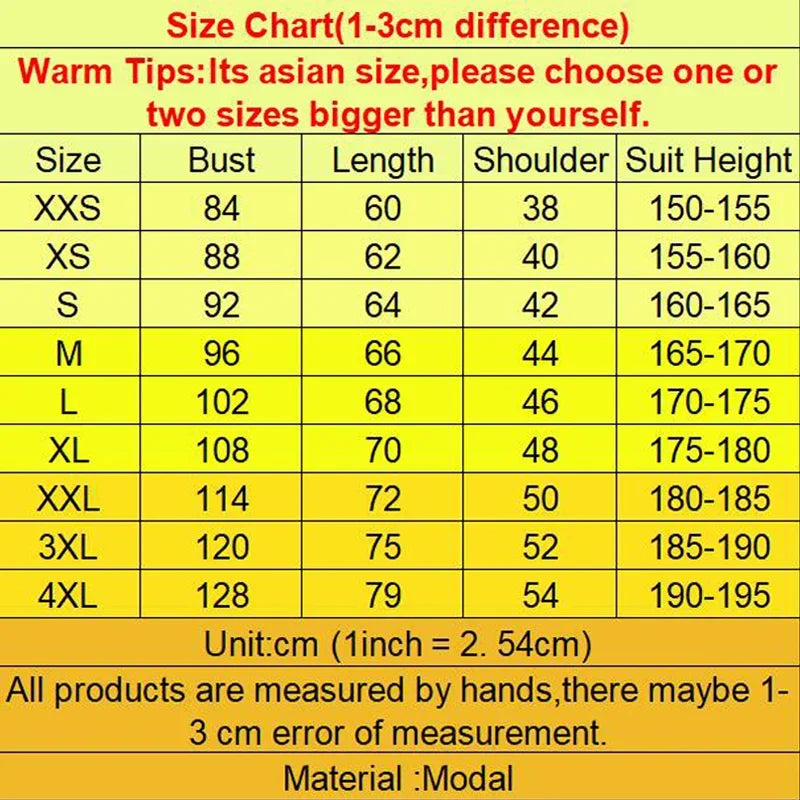 Size chart for clothing with measurements in centimeters on a yellow background