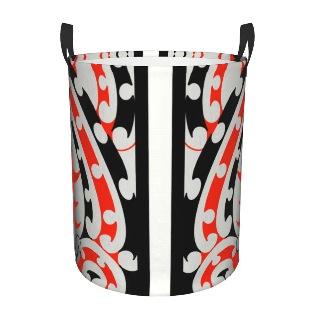 Basket with black, red, and white pattern on a white background
