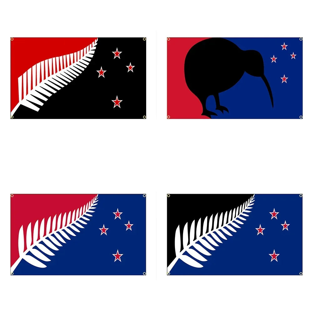 Four New Zealand flags with different designs on a white background