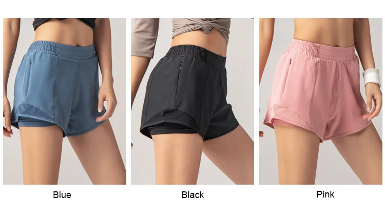Three pairs of shorts in blue, black, and pink on a neutral background.