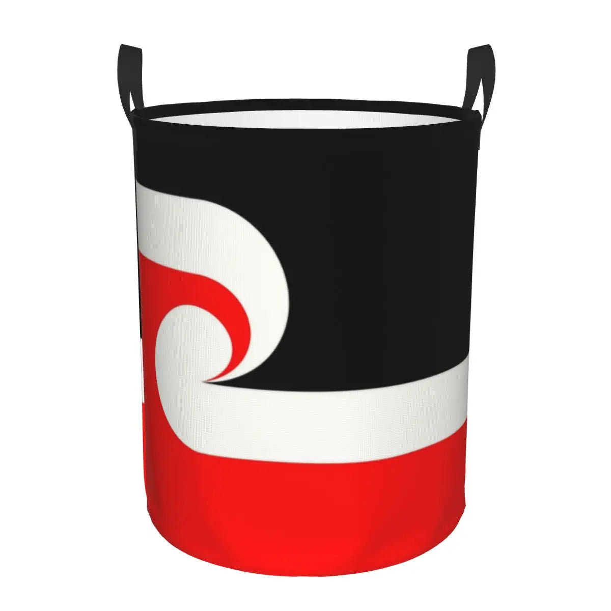 Black, white, and red striped bag with handles on a white background