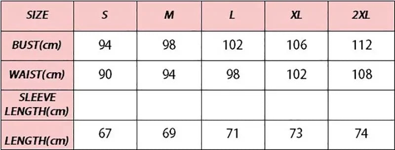 Size chart for clothing with bust, waist, and sleeve length measurements.