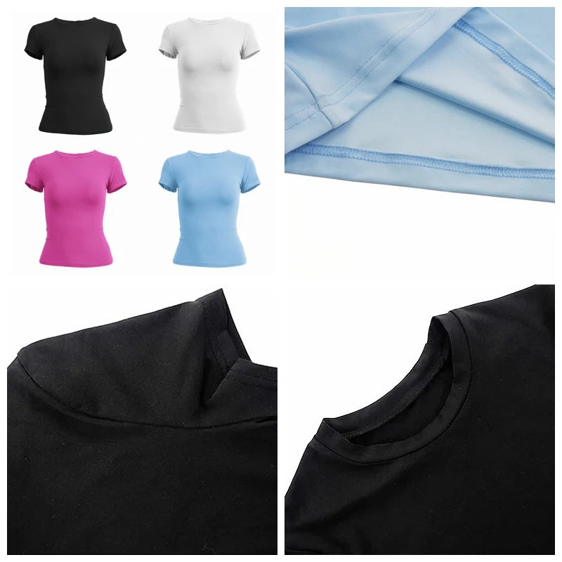 Collage of black, white, pink, and blue t-shirts with close-up details on fabric texture.