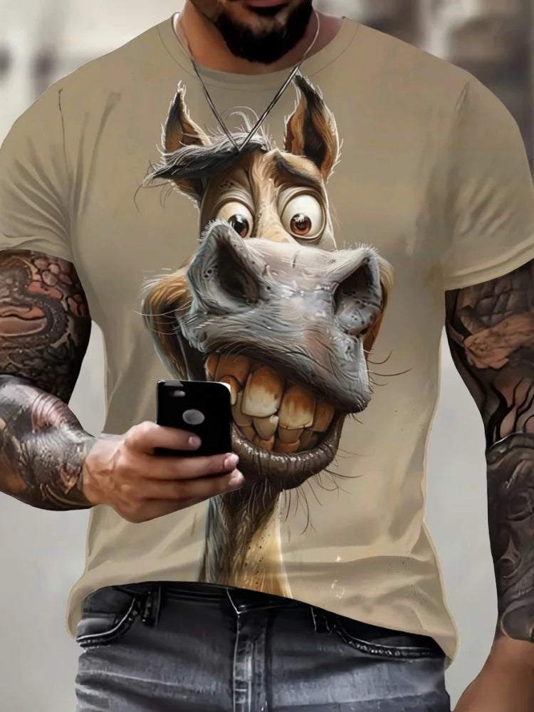 Person wearing a t-shirt with a cartoon horse design, holding a phone.