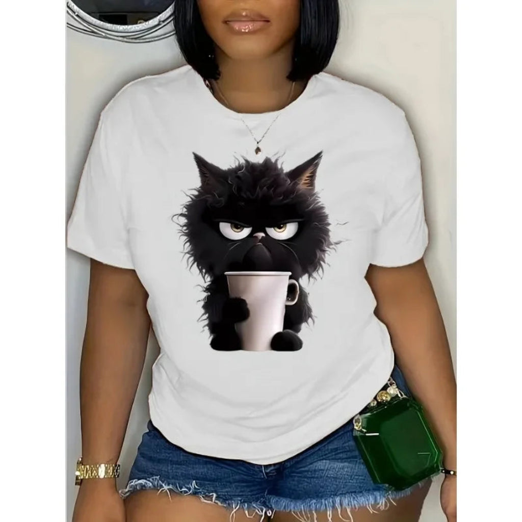 Person wearing a white t-shirt with a black cat holding a cup design.