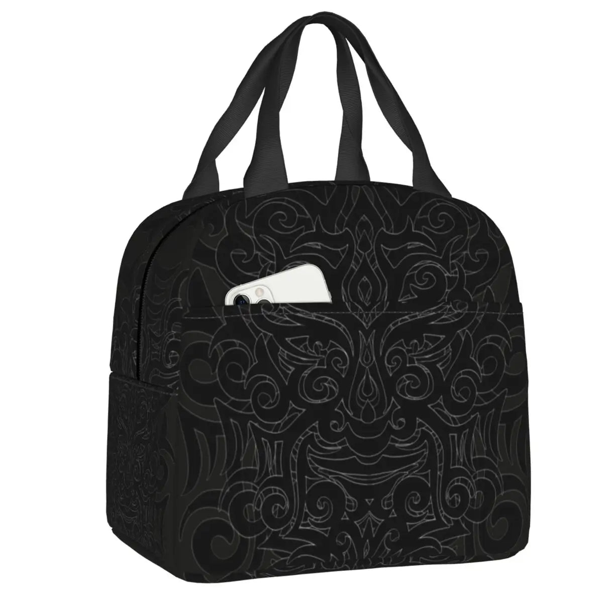 Black patterned bag with a white interior pocket on a white background