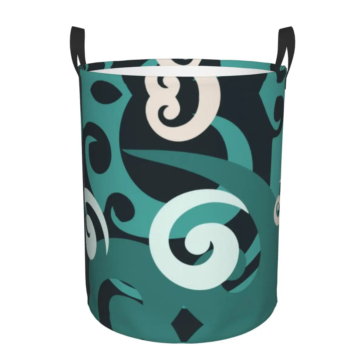 Decorative laundry basket with spiral pattern on a white background