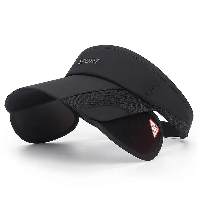 Black visor cap with ear covers on a white background