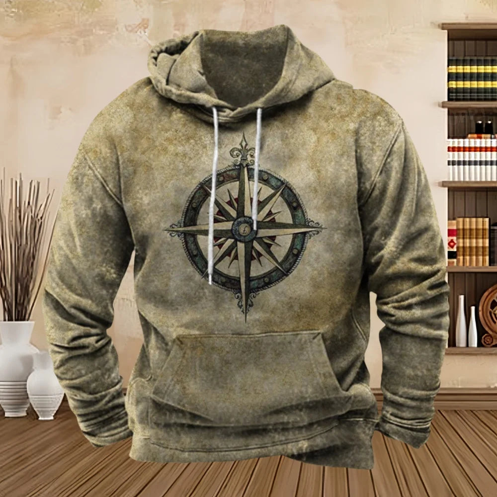 Abstract Vintage compass Design on blue, beige Hoodie Pullover