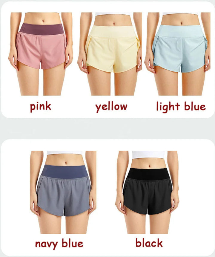 Five pairs of shorts in different colors with labels below each pair.