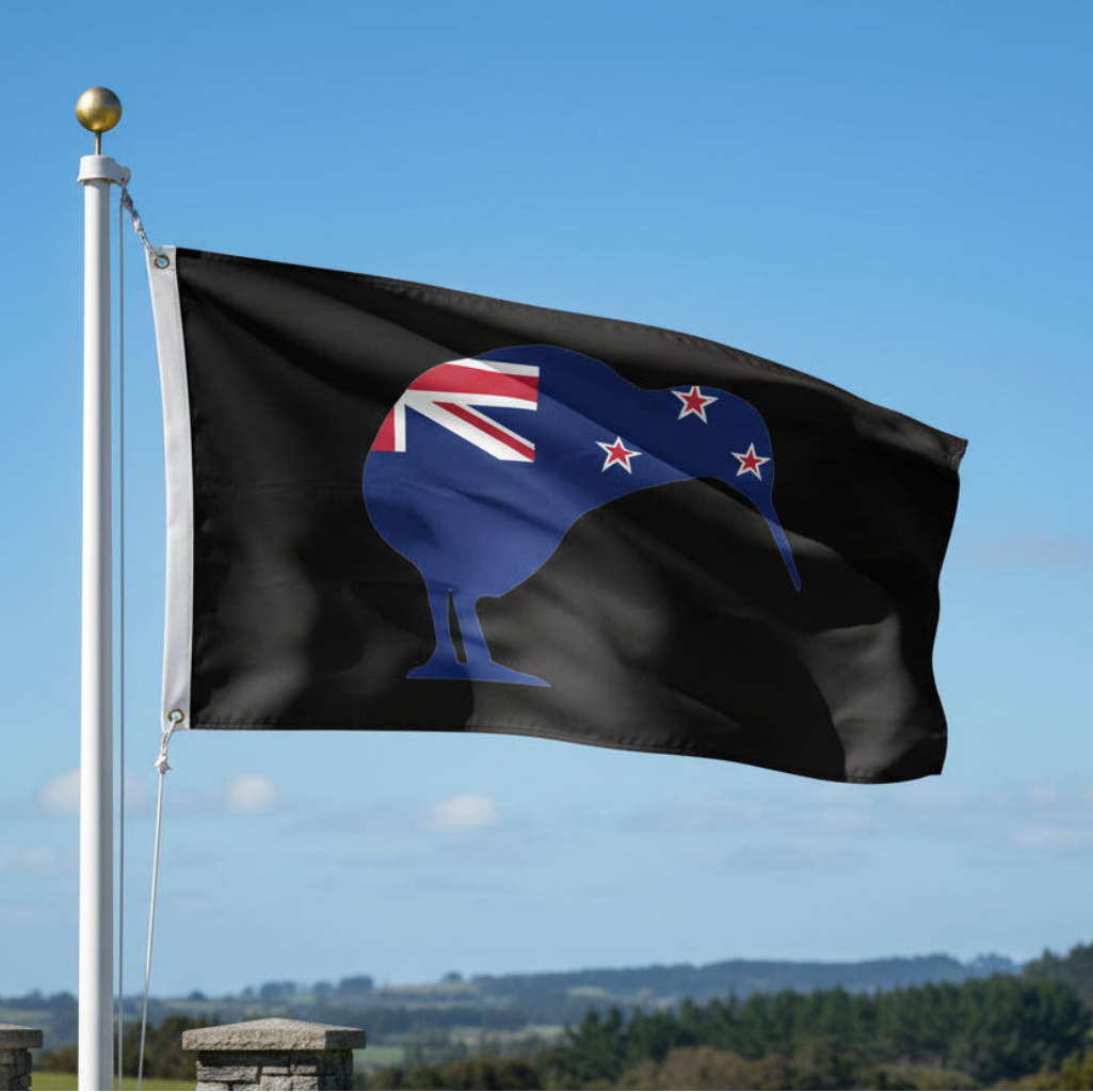Flag of New Zealand with a kiwi bird silhouette on a black background