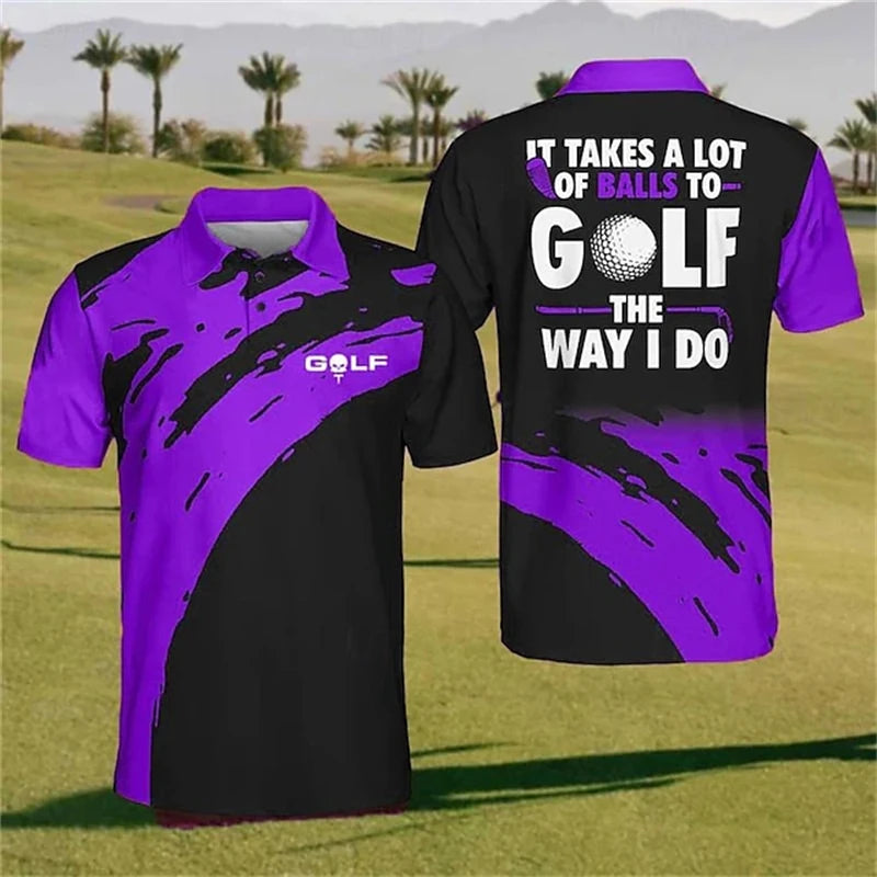 Purple and black polo shirt with golf-themed text on a golf course background