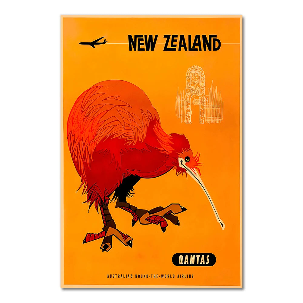 Qantas travel poster featuring a red kiwi bird on an orange background with text and logo.