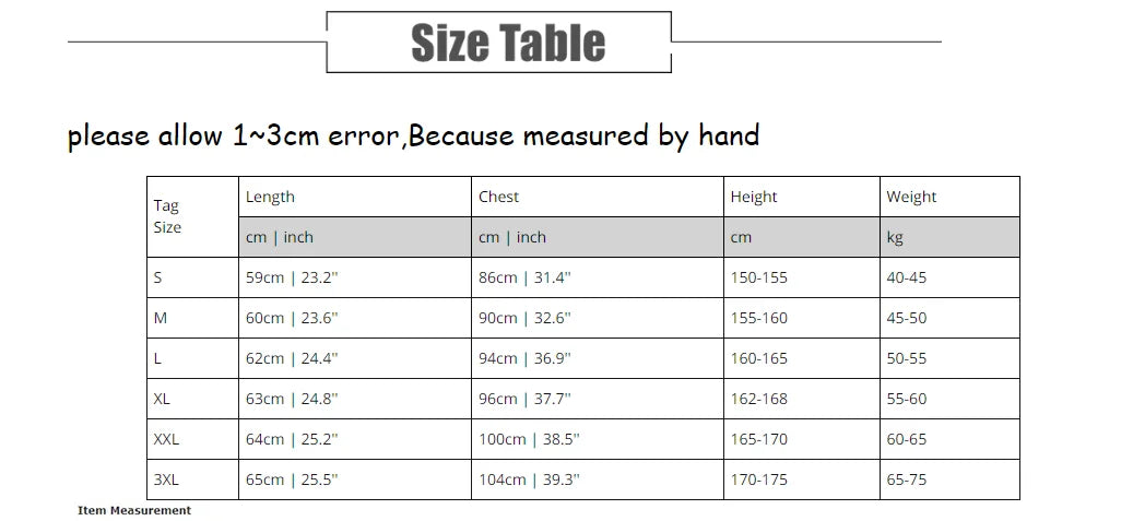 Size chart for clothing with measurements in centimeters and inches.