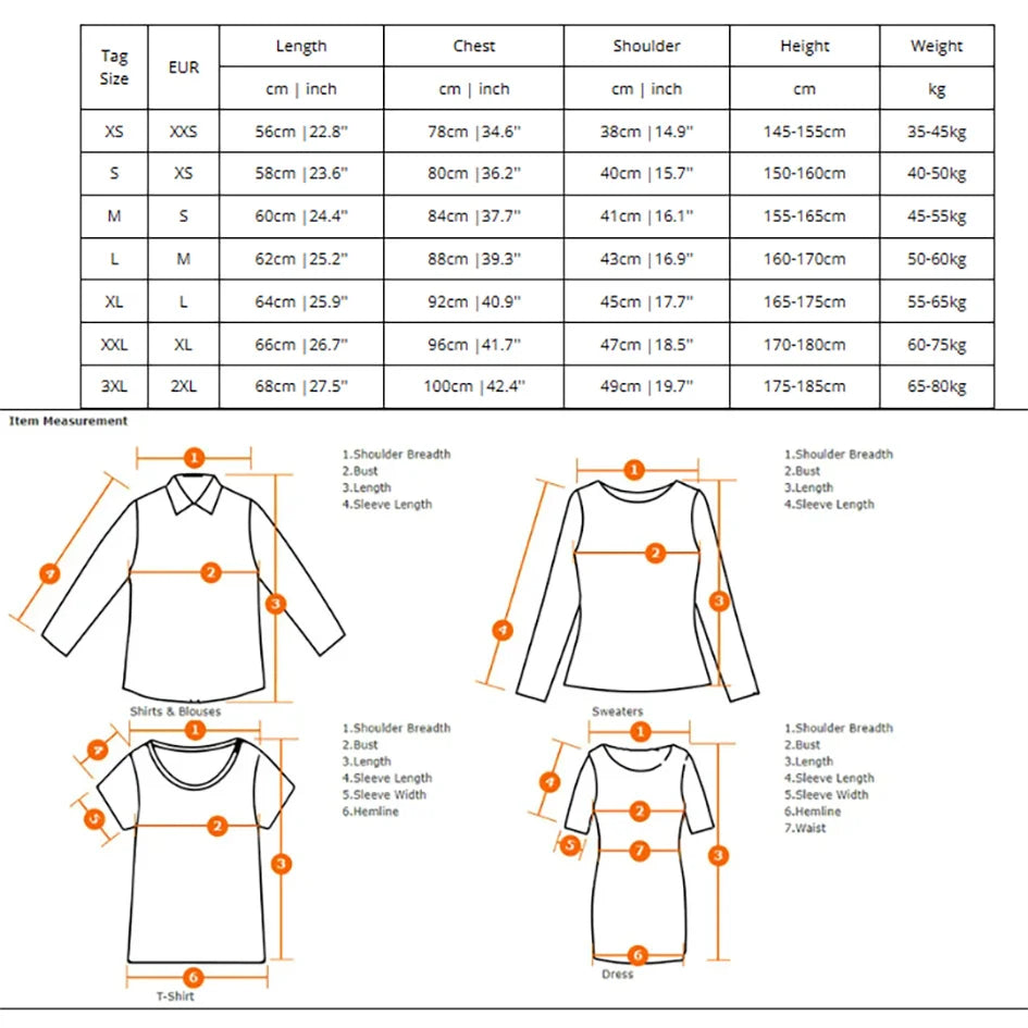 Size chart and measurement guide for clothing with dimensions in centimeters and inches.